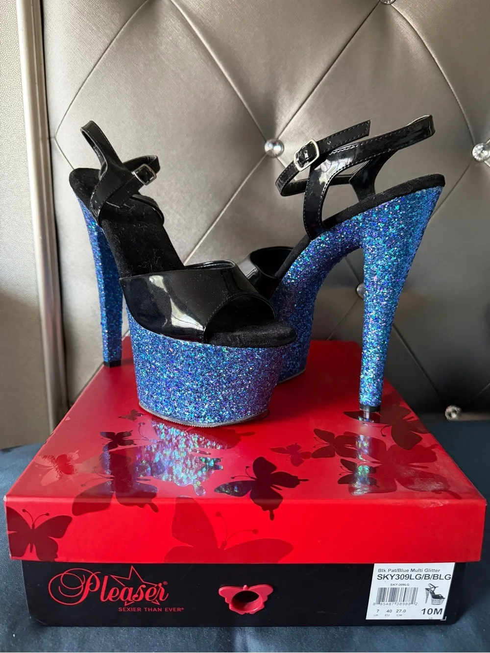 Pleaser Blue Glitter Platform Sky Sandal with Black Patent Straps